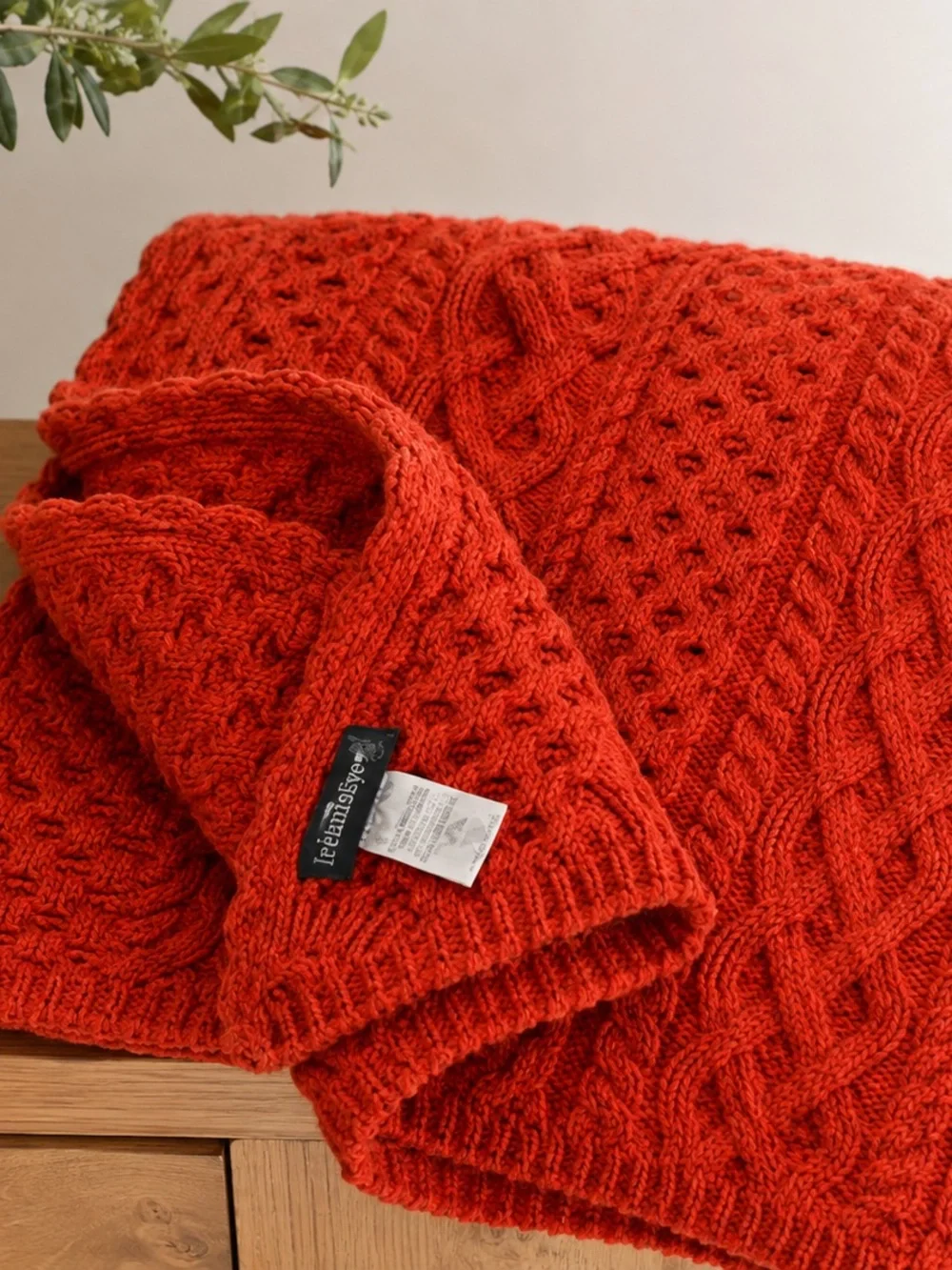 Irelandseye Ireland 100% Wool Aran Cable Knit Throw Blanket Red Orange